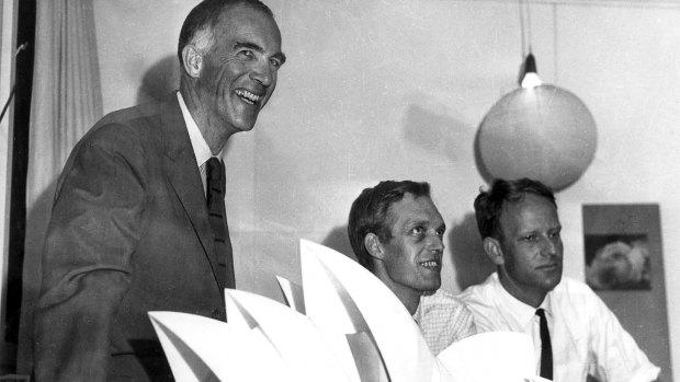 Jorn Utzon, left, with a model of the Opera House in 1966.