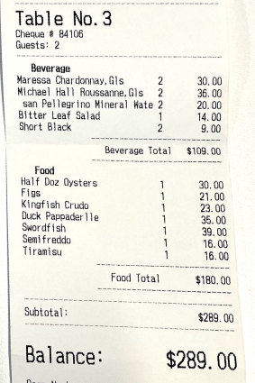 The receipt from Village Wine Bar.