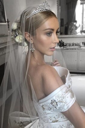 Jaimee Belle Gardner in her diamond tiara before marrying James Kennedy in Italy.