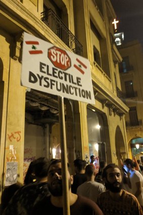 One of the less bawdy placards featured in the Lebanon street protests.