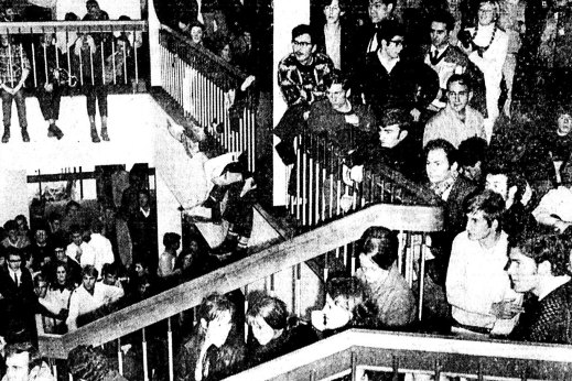 400 students stage a sit-in protest at Monash University in 1968.
