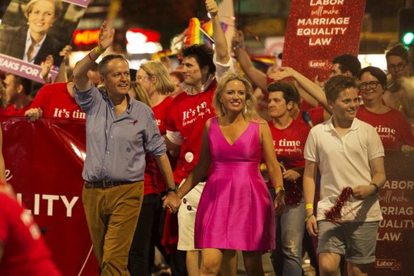 Former Labor leader Bill Shorten marching at the Sydney Gay and Lesbian Mardi Gras in 2016. 