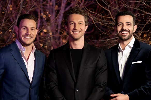 Luke Bateman, Ben Waddell and Wesley Senna Cortes in the final season of The Bachelors Australia.