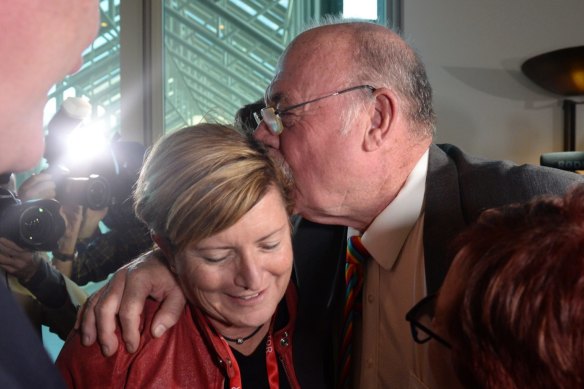 Warren Entsch and marriage equality campaigner Christine Forster celebrate in Parliament as the same-sex marriage bill is passed in 2017.