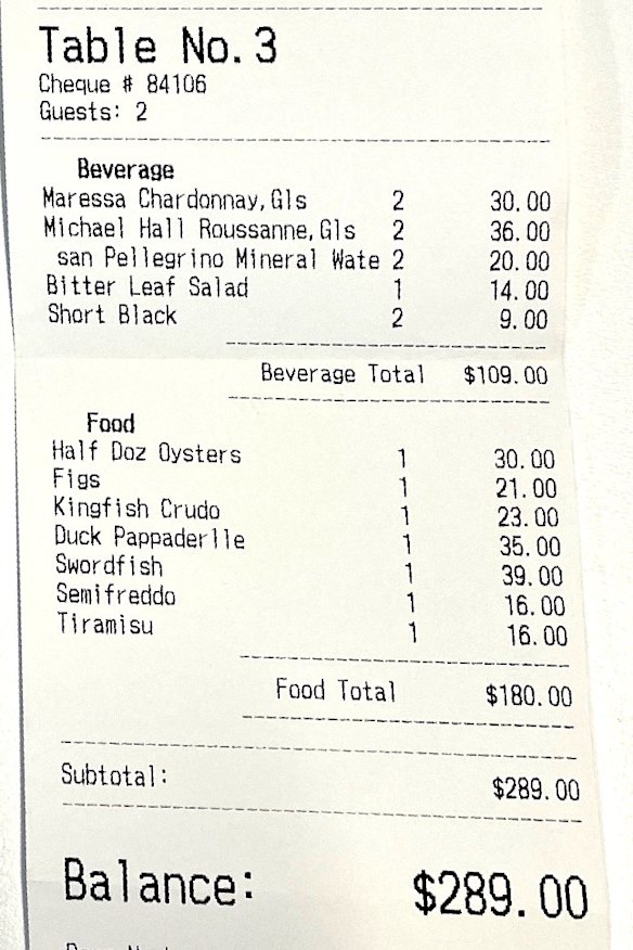 The receipt from Village Wine Bar.