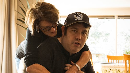 Cheryl Soafkin and her 37-year-old son Jeremy who lives with severe Autism. Jeremy lives in a disability group home in Camberwell. Scope, the provider, are ceasing to provide service at the house within months, leaving Cheryl to search for a home for Jeremy. Photograph by 
