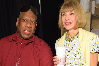 Andre Leon Talley with US ‘Vogue’ editor Anna Wintour at the Carolina Herrera show at New York Fashion Week, September 8, 2014.
