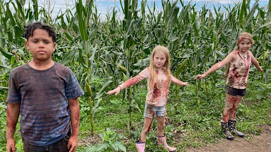 Cast members of horror film Children of the Corn, based on a Stephen King novel, which has continued shooting in Richmond, near Sydney, throughout the COVID-19 shutdown.