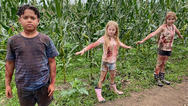 Cast members of horror film Children of the Corn, based on a Stephen King short story, which has continued shooting in Richmond, near Sydney, throughout the COVID-19 shutdown.