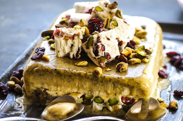 Nutty semifreddo with a central layer of nougat shards.