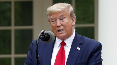 US President Donald Trump speaks about the coronavirus in the Rose Garden of the White House.