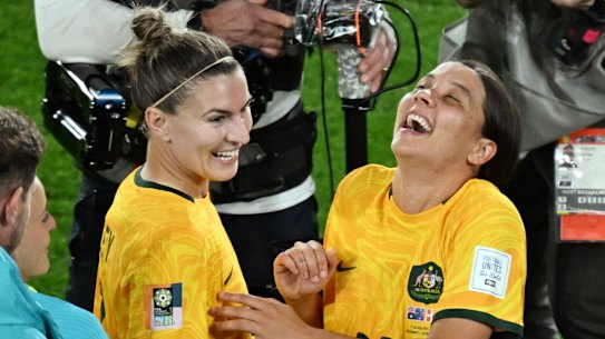 Steph Catley and Sam Kerr share a laugh.