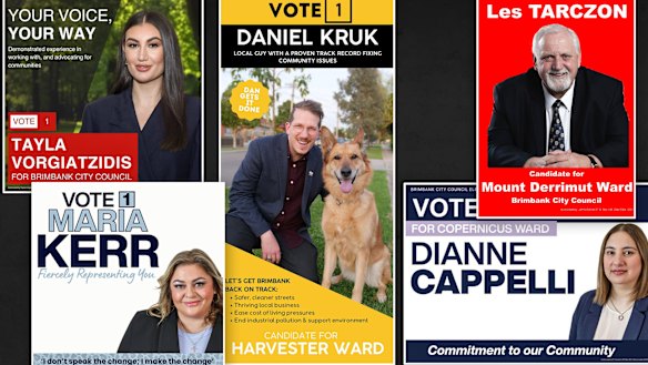 Campaign flyers for Brimbank council candidates Tayla Vorgiatzidis, Daniel Kruk and Les Tarczon, who are Labor Party members, and Maria Kerr and Dianne Cappelli, who are Liberal Party members.