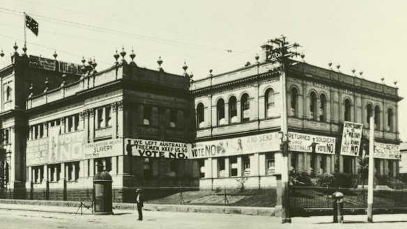 Anti-conscription banners at the Trades Hall in Lygon Street, Melbourne. 