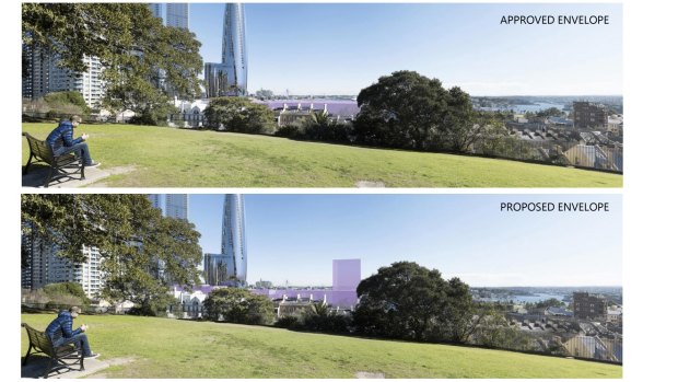 Developer Aqualand’s depiction of the view impact of proposed buildings at Central Barangaroo, included in documents submitted to the Planning Department.