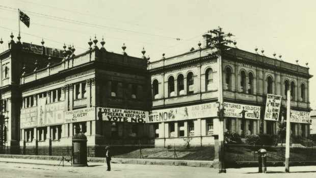 Anti-conscription banners at the Trades Hall in Lygon Street, Melbourne. 