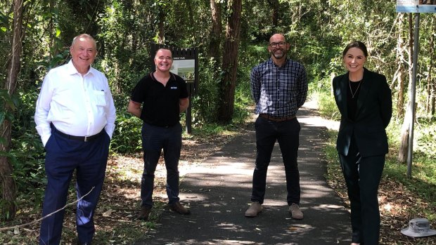 Toohey MP Peter Russo, Associate Professor Carney Matheson, Brad Lambert from the Toohey Forest Environment Education Centre and Queensland Science Minister Meaghan Scanlon in Toohey Forest.