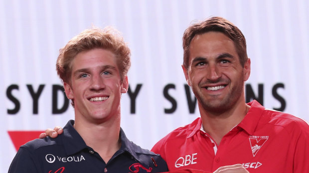 Swans captain Josh Kennedy (right) with the club's first pick from last year's draft Dylan Stephens.
