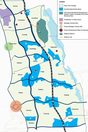 The 'housing opportunity areas', marked in blue, occur around train stations and high-frequency bus routes. 