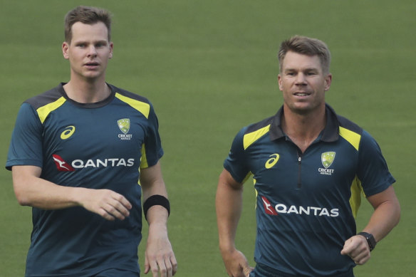 Steve Smith, left, and David Warner, right, at training in India.  