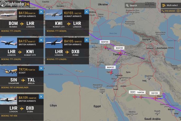 FlightRadar24 shows British Airways B777 diverting midflight and landing it Turkey to avoid flying over Iran.