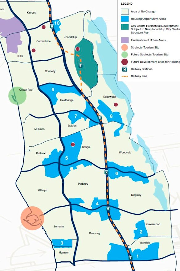 The 'housing opportunity areas', marked in blue, occur around train stations and high-frequency bus routes. 