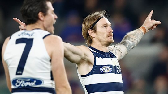 Geelong defender Tom Stewart kicks a rare goal.