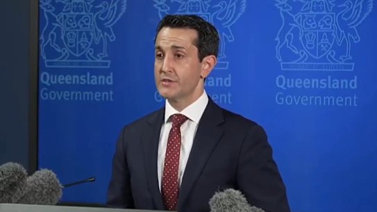 Queensland Premier David Crisafulli providing an update on Tropical Cyclone Alfred at Kedron on Sunday.