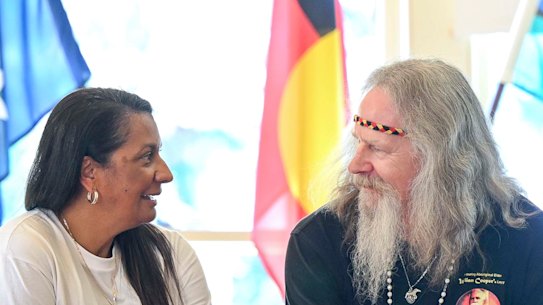 Former senator Nova Peris and Michael McDonogh, a descendent of William Cooper, meet in Melbourne.