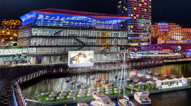Artist's impression of the floating cinema in Darling Harbour.