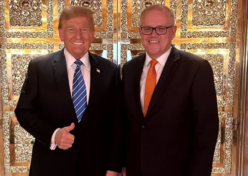 Shame about the “pile-on”: Donald Trump with Scott Morrison at the former president’s penthouse apartment in Trump Tower.