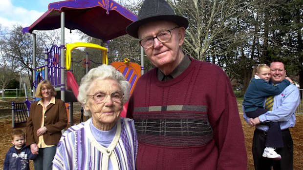 Four generations of family in 2001: Max and Zeta, with, at back, their great grandson Lachlan Forbes, 3, daughter Sue Forbes, their great grandaughter Grace, 6 and grandson Grant Forbes. Max helped build the Griffith park 64 years ago..                      