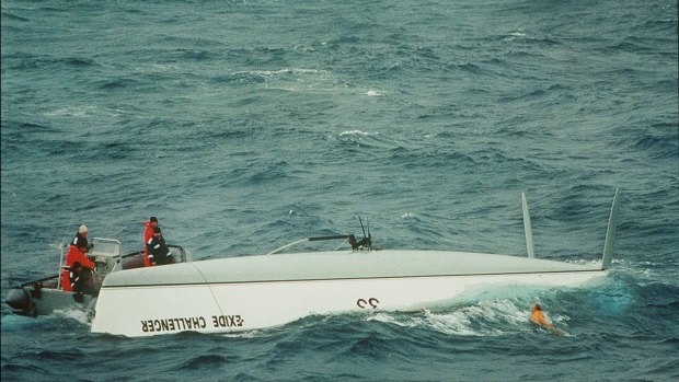 Tony Bullimore emerges from his upturned yacht in the Southern Ocean in 1997.