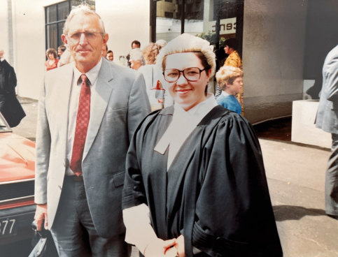 Marion being admitted as a barrister in NZ with her father John, 1989.