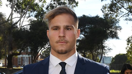 St. George Illawarra Dragons rugby league player Jack de Belin arrives at Wollongong Local Court in Wollongong, Wednesday, July 24, 2019. 