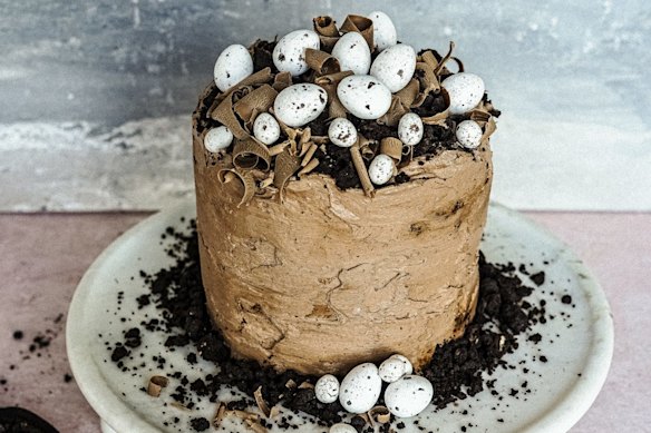 Marble chocolate layer cake decorated with candy-shelled chocolate 'bird's eggs'.