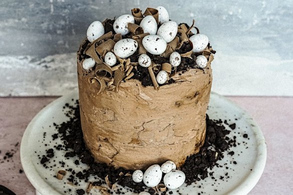 Marble chocolate layer cake decorated with candy-shelled chocolate 'bird's eggs'.