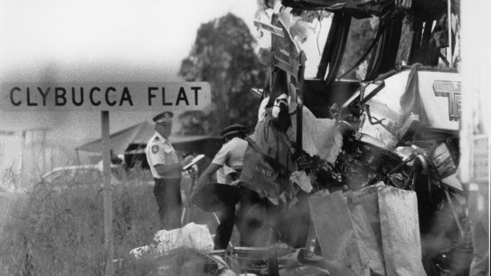 Thirty-five people were killed when two tourist bushes crashed head on the Pacific Highway north of Kempsey.