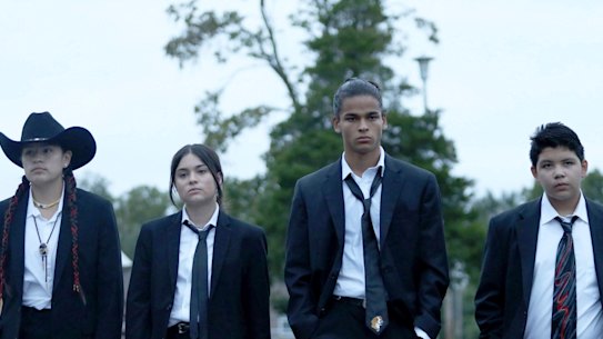 (L-R): Willie Jack (Paulina Alexis), Elora Danan Postoak (Devery Jacobs),  Bear (D’Pharaoh Woon-A-Tai) and Cheese (Lane Factor) in Reservation Dogs.