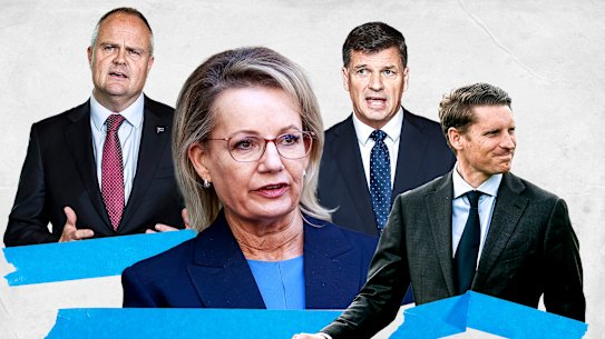 Ted O'Brien (à esquerda), Angus Taylor e Andrew Hastie estão entre os candidatos à sucessão de Ley como líder liberal.