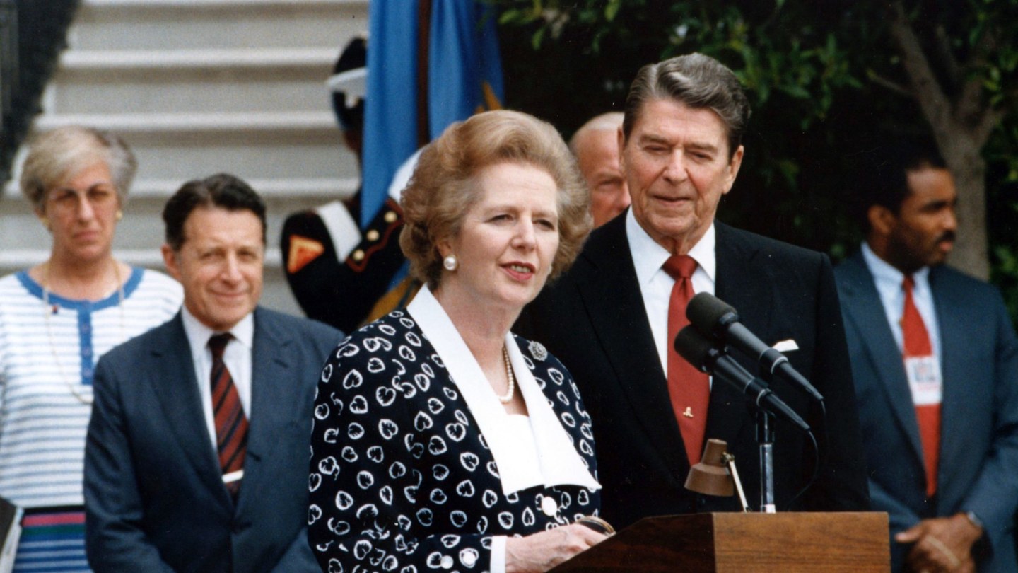 British prime minister Margaret Thatcher and US president Ronald Reagan  were both free-market evangelists.
