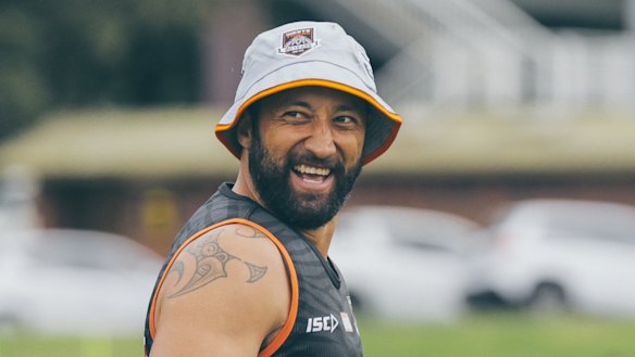Keeping things light: Benji Marshall at Tigers pre-season training.