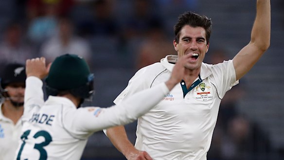 Pat Cummins celebrates removing De Grandhomme.