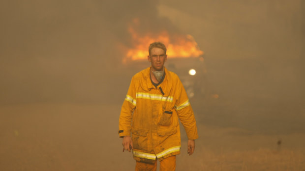 A Victorian firefighter on Black Saturday, February 7, 2009.