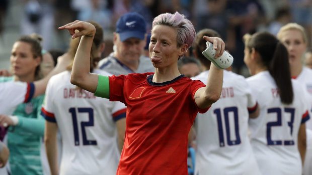 Scraped through: Megan Rapinoe celebrates at the end of the round-of-16 match against Spain at the Stade Auguste-Delaune in Reims.