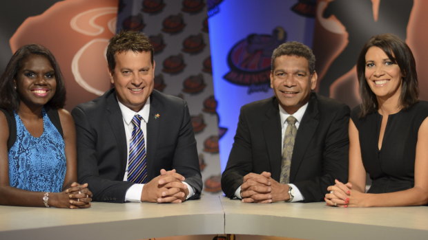 Leila Gurruwiwi, Grant Hansen, Gilbert McAdam and Shelley Ware at the desk of the axed Marngrook footy show.