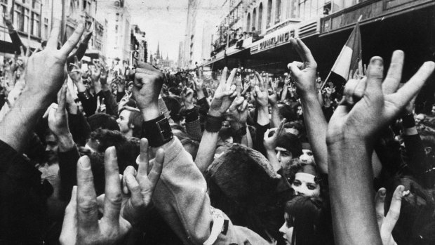 A dramatic view of the mass anti-war protest in Bourke Street, Melbourne.