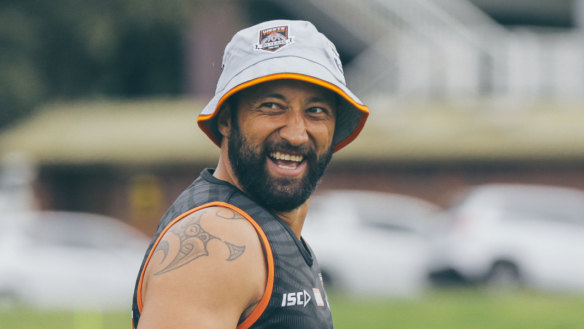 Keeping things light: Benji Marshall at Tigers pre-season training.