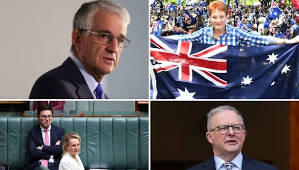 (Clockwise from top-left): Former deputy PM John Anderson; One Nation leader Pauline Hanson; PM Anthony Albanese; Liberal leader Sussan Ley and Nationals leader David Littleproud.