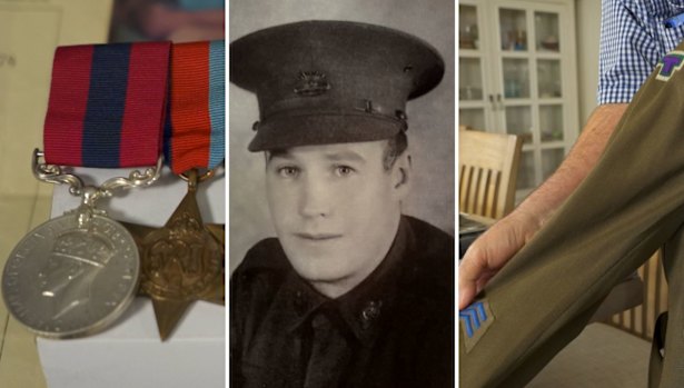 Composite for ACA Anzac Day story: (from left) Stan Walsh’s medals; Walsh; his son John holding his Rat of Tobruk jacket.